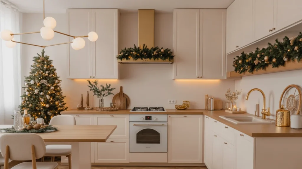 Modern holiday kitchen decor with minimalist Christmas styling and soft festive lighting