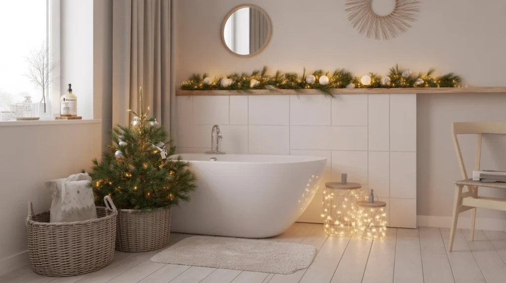 Cozy Nordic Christmas bathroom decor featuring soft neutrals, greenery, and minimalist Scandinavian holiday accents.