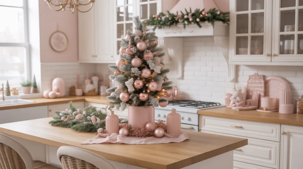 Cozy pink Christmas kitchen with blush tones, gold accents, and soft festive styling