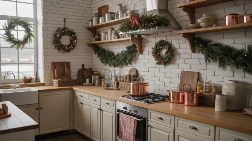 cozy rustic christmas kitchen with farmhouse wood accents, pine garlands, and soft warm light