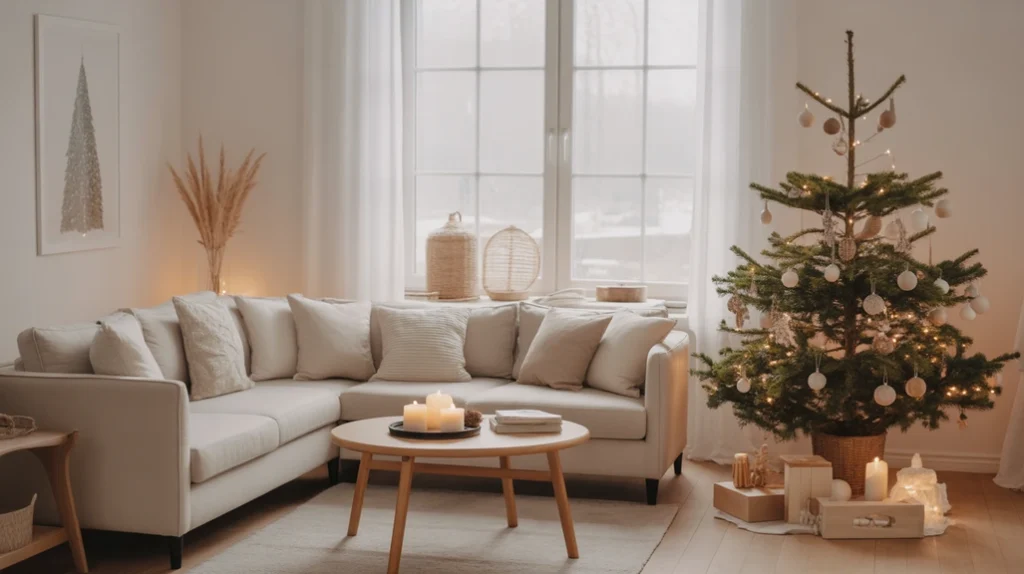 “Modern minimalist Christmas living room with Scandinavian design — soft neutral tones, minimalist tree, and cozy winter atmosphere.”