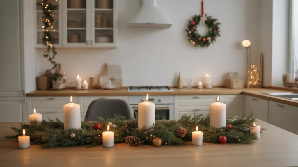 Simple holiday kitchen decor featuring candles, greenery, and cozy minimalist Christmas styling in a modern kitchen
