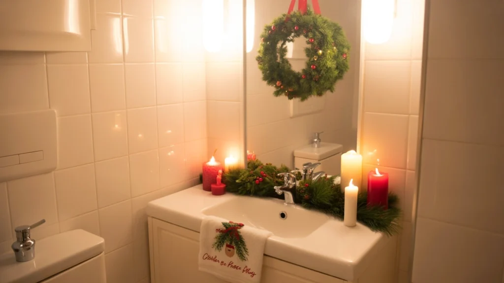 Warm, inviting small bathroom decorated for the holidays with greenery and gentle lighting