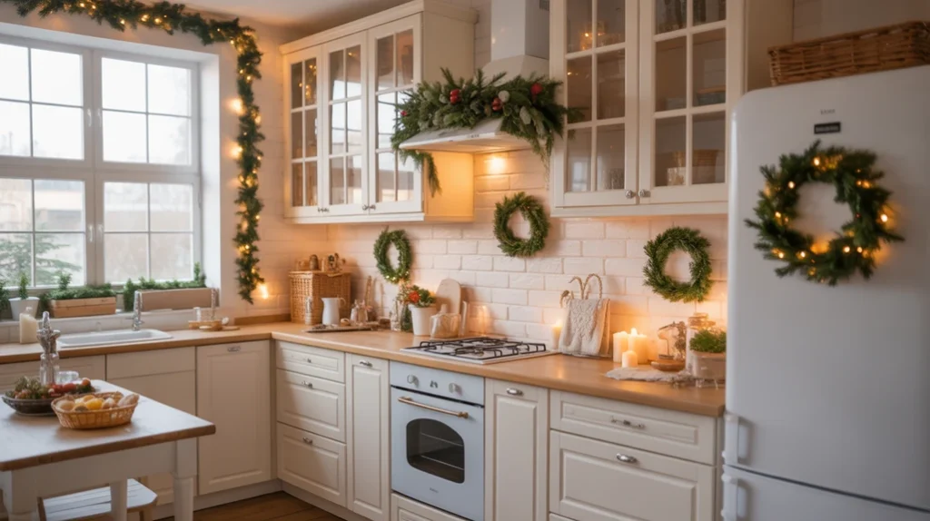 Bright small Christmas kitchen decorated with garland, red accents, and warm seasonal lighting