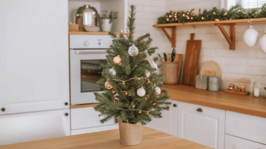 cozy kitchen corner decorated with a small christmas tree, pine greenery, and warm festive lights