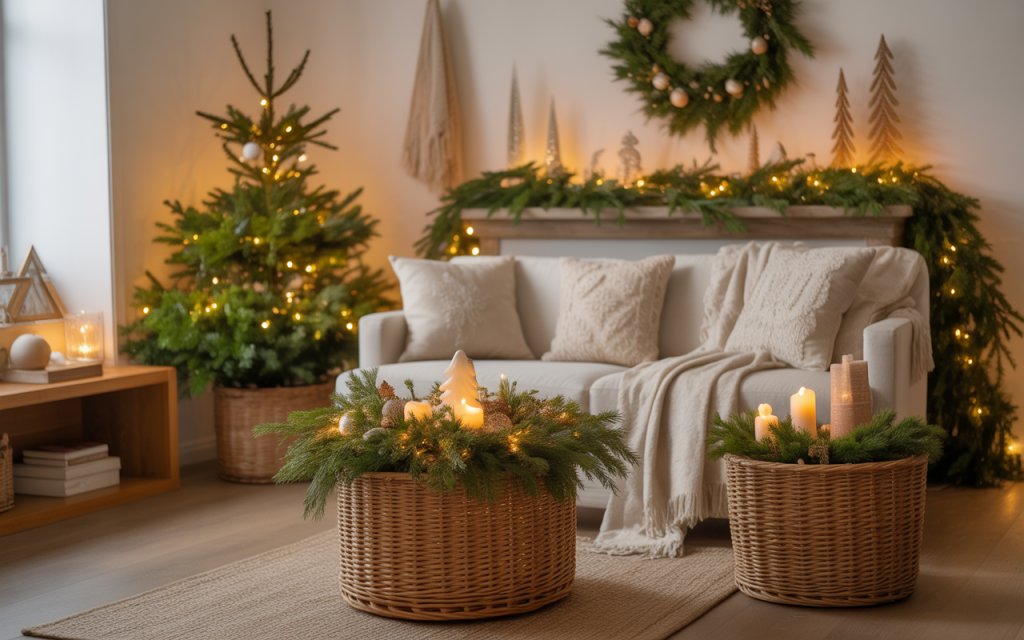 A warm, inviting Christmas home interior with soft lighting, natural greenery