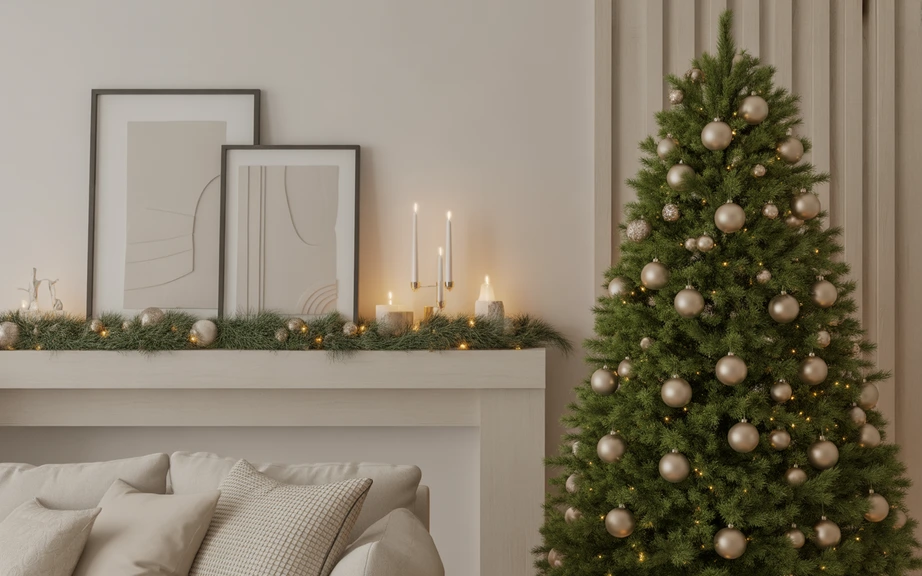 modern Christmas living space featuring a minimalist tree with matte ornaments