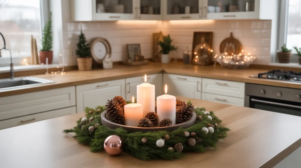 Modern kitchen island decorated for Christmas with greenery, candles, and ornaments creating a warm festive centerpiece