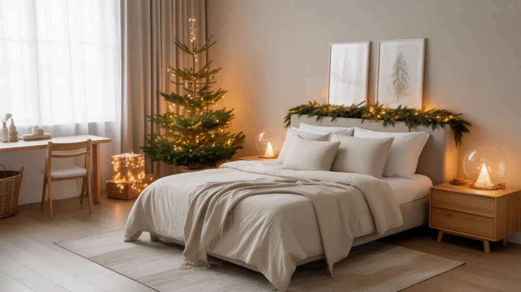 Minimalist bedroom decorated for Christmas with soft lighting, white bedding, and subtle pine greenery