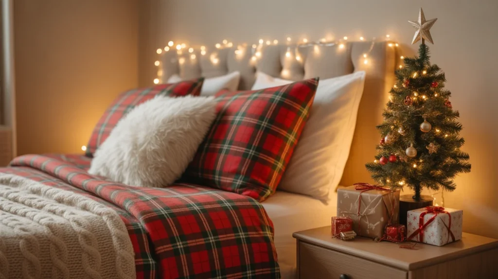 Cozy small Christmas bedroom with white bedding, mini pink tree, and fairy lights creating festive warmth