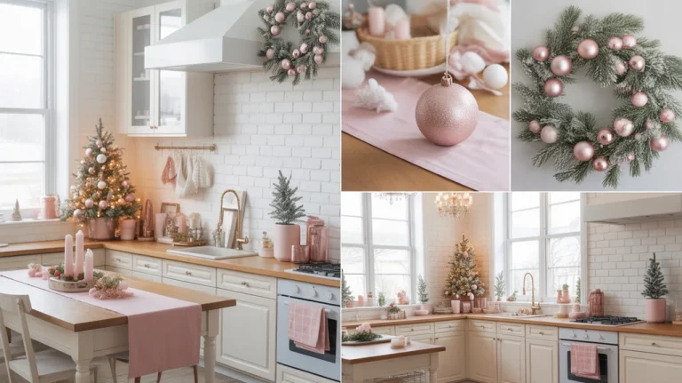 Pink Christmas kitchen decor ideas with soft festive glam and blush holiday accents