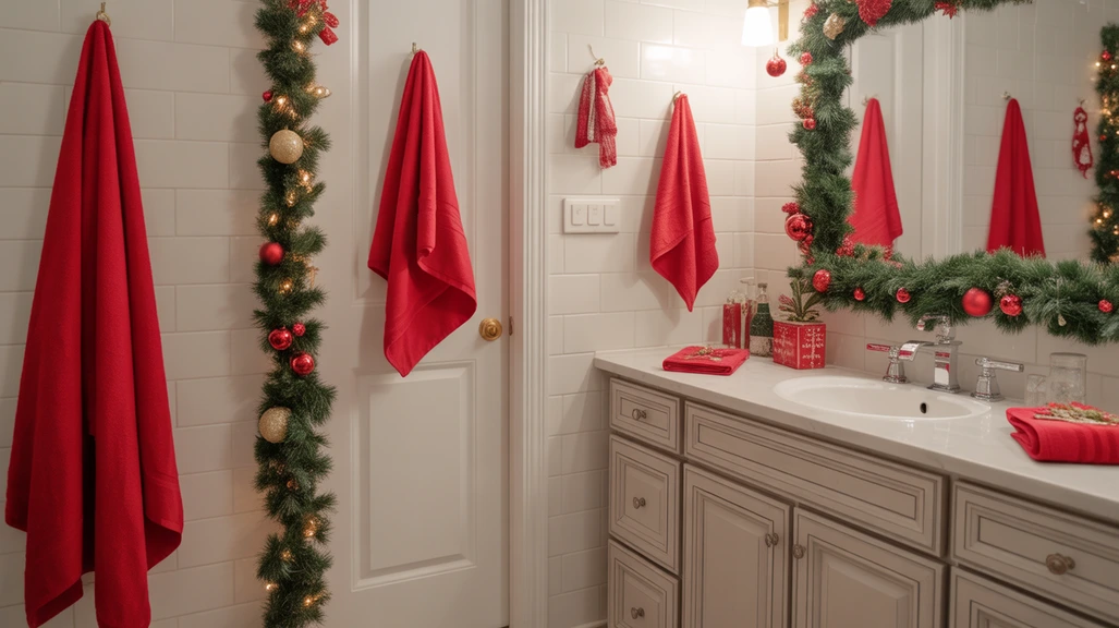 red and green christmas bathroom decor ideas with festive towels, garland, and classic holiday accents