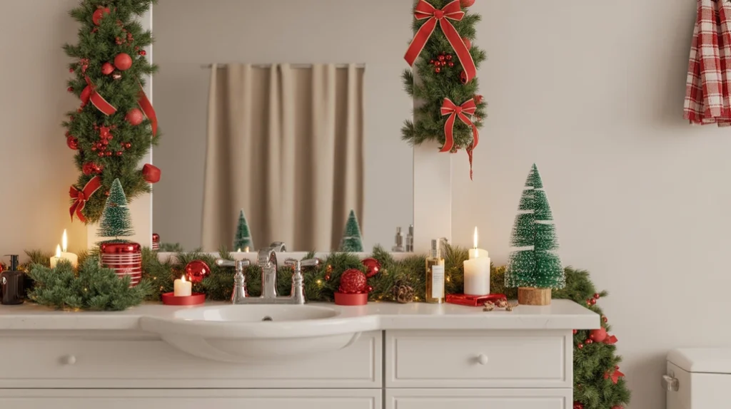 traditional red and green christmas bathroom decor ideas featuring pine greenery, candles, and cozy seasonal styling