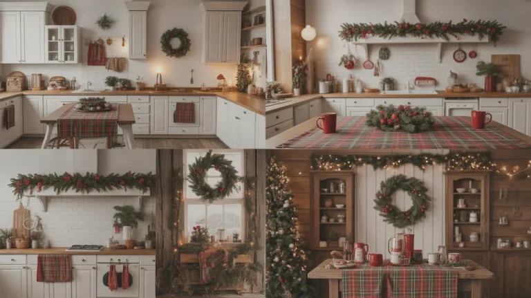 Red and green Christmas kitchen decor ideas featuring wreaths, garlands, and plaid accents for a cozy classic holiday kitchen look.