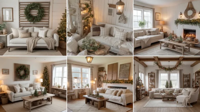 Rustic farmhouse Christmas living room collage showing cozy decor, plaid textiles, vintage accents, and natural holiday charm.