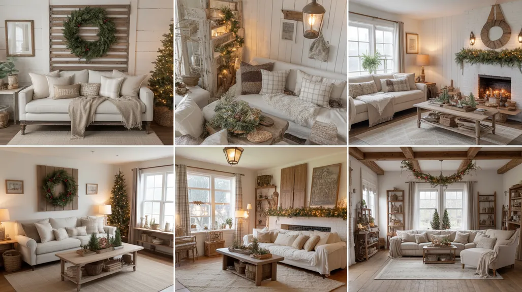 Rustic farmhouse Christmas living room collage showing cozy decor, plaid textiles, vintage accents, and natural holiday charm.