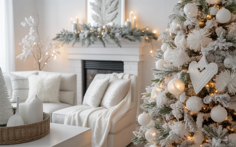 serene winter living room decorated in white Christmas home decor