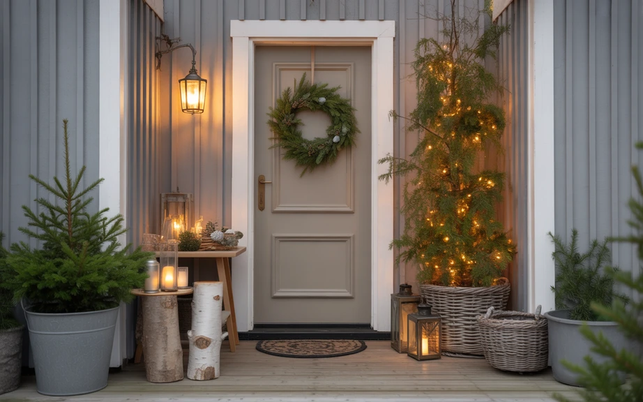 soft Scandinavian Christmas porch with warm lantern glow