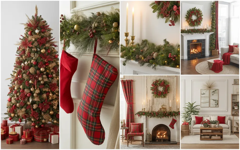 warm, festive collage featuring classic red and gold Christmas home decor ideas
