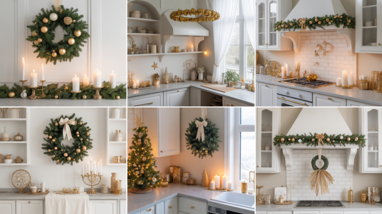 White and gold Christmas kitchen decor ideas featuring wreaths, garlands, ornaments, and candles for an elegant festive home design.