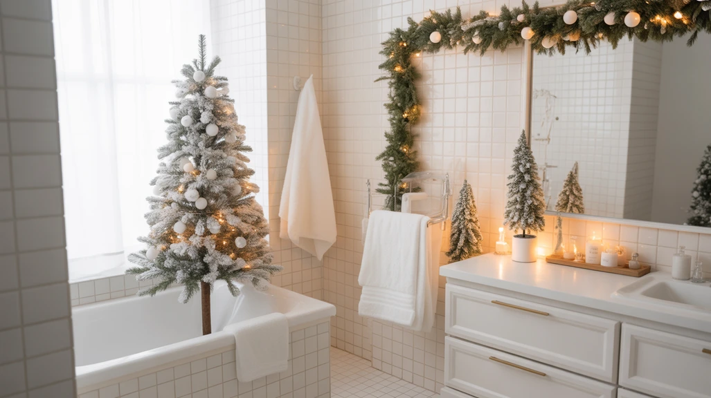 white christmas bathroom decor ideas with frosted trees and calm winter styling