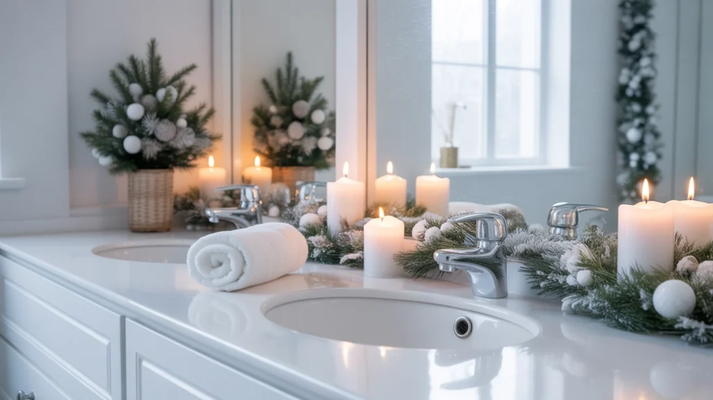 soft white christmas bathroom decor ideas featuring snowy accents and warm lighting