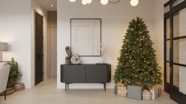 “Modern Christmas entryway decor ideas for stylish homes with minimal greenery and sleek holiday accents”