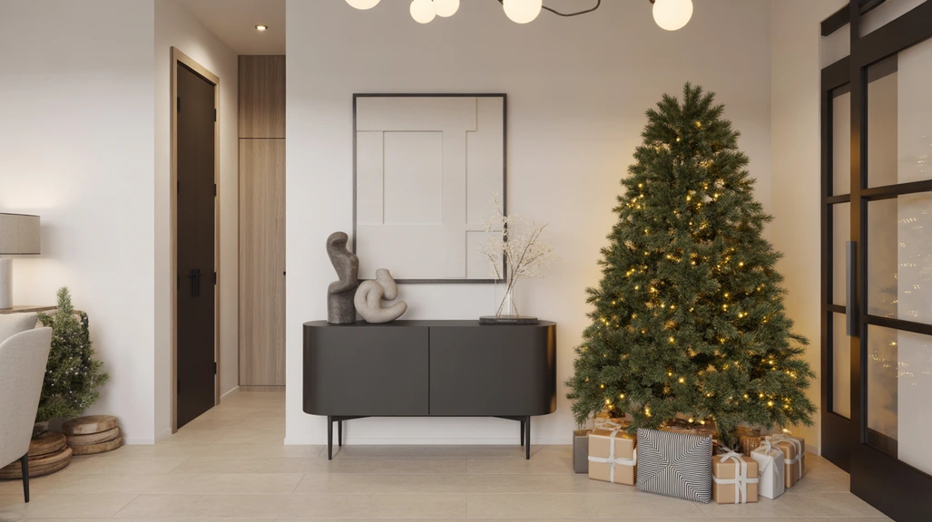 “Modern Christmas entryway decor ideas for stylish homes with minimal greenery and sleek holiday accents”