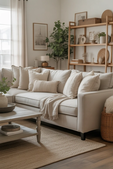A welcoming farmhouse living room styled with layered neutral tones, soft linen seating