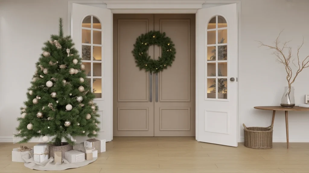 “Contemporary modern Christmas entryway decor ideas with a slim tree, neutral palette, and clean holiday styling”