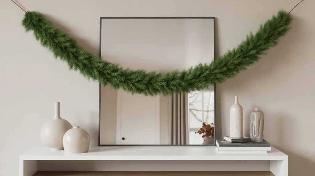 Minimal evergreen garland styled in a modern Christmas entryway for clean holiday decor”