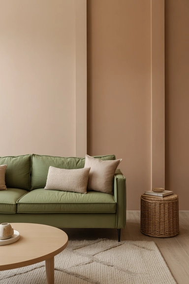 Pair a green couch with warm neutral walls for harmony
