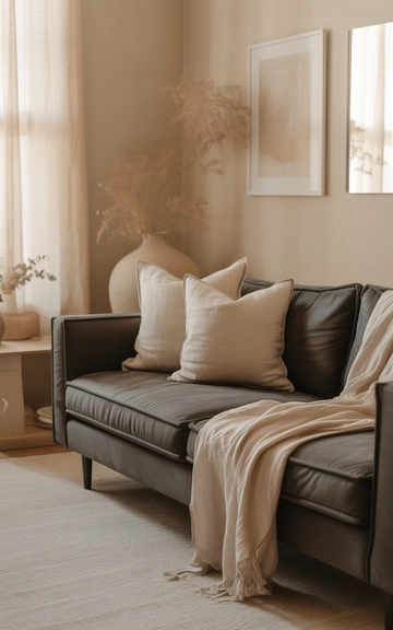 Soft neutrals around the dark grey couch