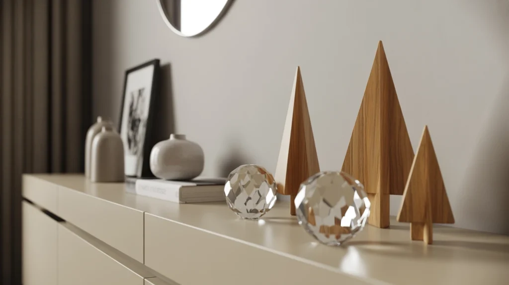“Geometric Christmas decorations styled in a contemporary entryway for a modern look”