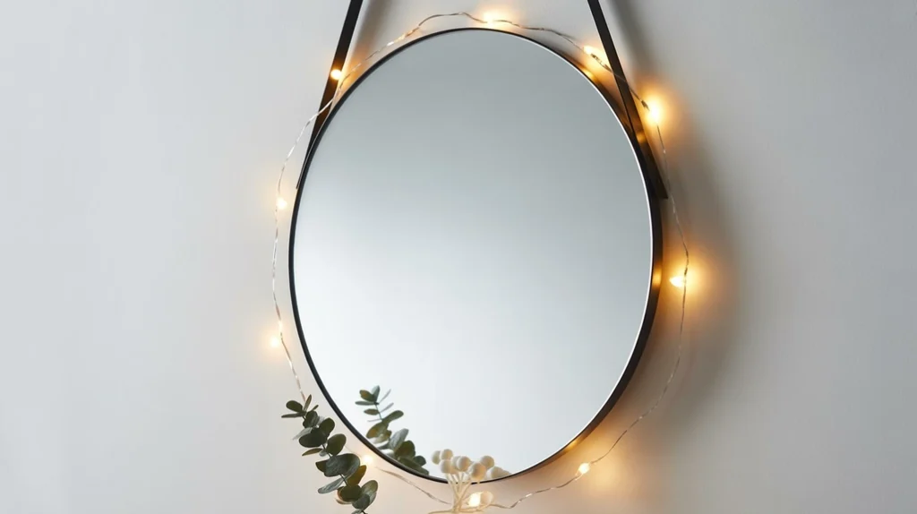 “Modern entryway mirror with soft Christmas lighting for a warm holiday welcome”