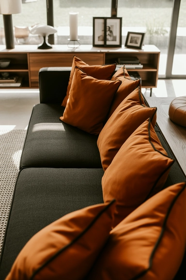 Burnt Orange Living Room Ideas Decor With Black and Wood Finishes