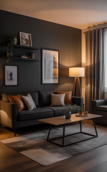 Dark-toned accent wall behind the grey couch