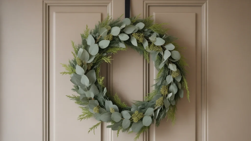 “Minimal holiday wreath with eucalyptus used in a modern Christmas entryway”