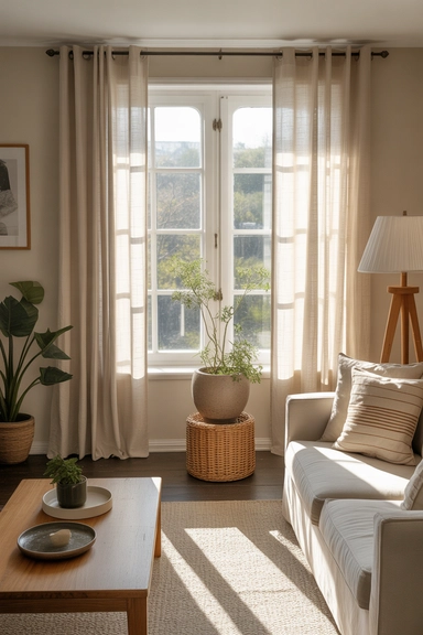 Cozy farmhouse living room curtains that soften natural light