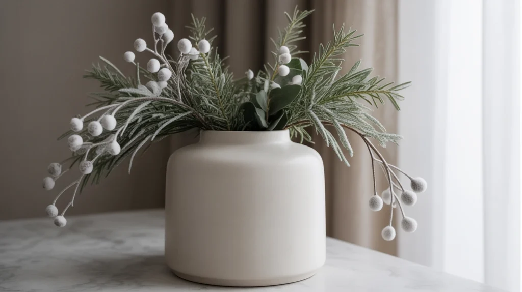 “Ceramic vase with winter greenery styled for a clean modern Christmas entryway”