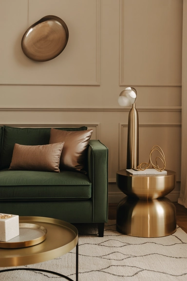 Use warm metallics to elevate the room’s glow