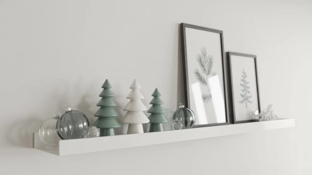 “Floating shelves decorated with curated modern Christmas accents”