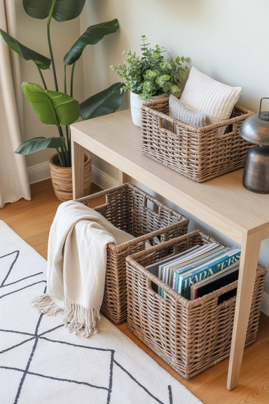 Cozy farmhouse living room baskets for practical storage