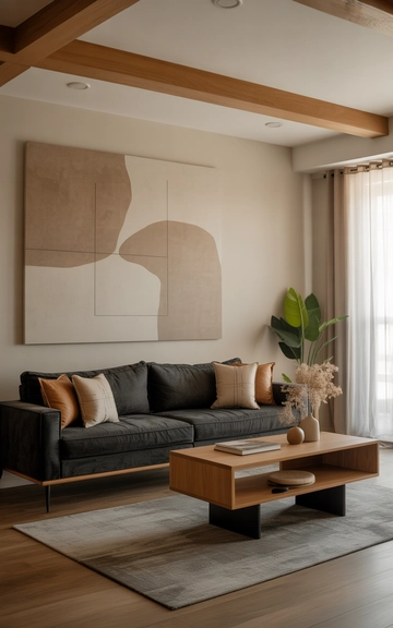 Wall art framing the grey couch