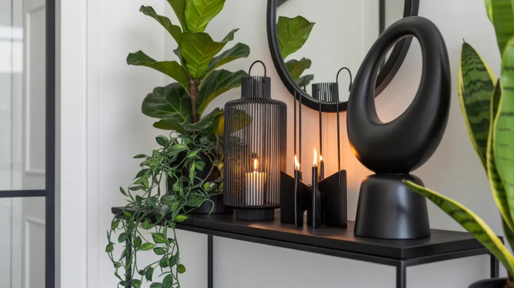 “Matte black holiday decor pieces adding contrast to a modern Christmas entryway”
