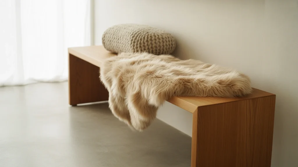“Soft faux fur and knit textures styled on a modern entryway bench for Christmas”