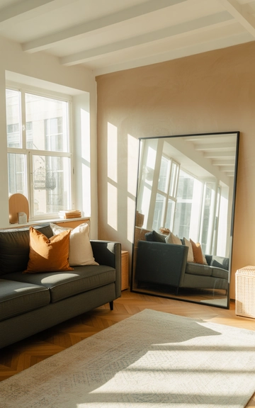 Mirrors amplifying light around the grey couch