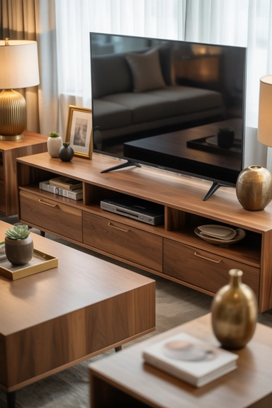 Use Living Room TV Stand Decor to Echo Nearby Furniture