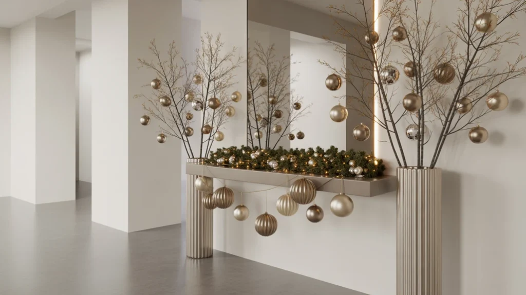 “Metallic holiday accents in gold and silver creating a chic modern Christmas entryway”