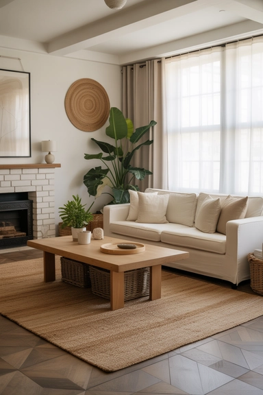 Natural fiber rugs that anchor the room softly